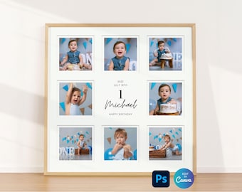 First Birthday Photo Collage, Cake Smash Baby Milestone, Editable Canva & Photoshop Template (Digital Download)