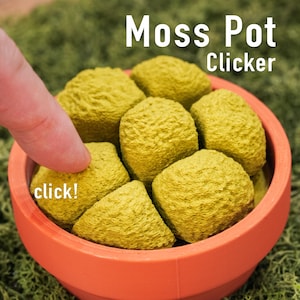 Een pot met mos dat ronddraait en friemelt | Spinning bureau-fidget met clicky-moscapsules • Sensorisch speelgoed voor stressverlichting | Bemoste terpen