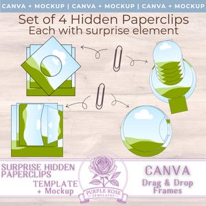 Puede incluir: Imagen que muestra un conjunto de cuatro clips de papel ocultos, cada uno con un elemento sorpresa. El diseño incluye marcos de arrastrar y soltar y una plantilla de maqueta. El texto dice "Set of 4 Hidden Paperclips Each with surprise element".