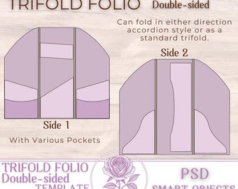 Può includere: Un mockup di folio a tre ante bifacciale in tonalità viola, con il testo "TRIFOLD FOLIO" e "Double-sided". Il design include il lato 1 con varie tasche e il lato 2. Il testo menziona anche "PSD SMART OBJECTS + MOCKUP".