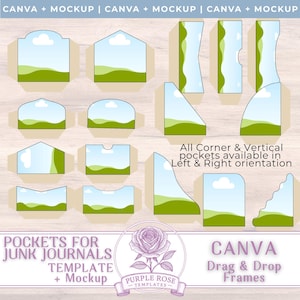 Peut inclure: Une collection de cadres et maquettes Canva glisser-déposer pour les junk journals. Les cadres présentent des scènes de ciel et de paysage. Le texte comprend "Pockets for Junk Journals Template + Mockup" et "Canva Drag & Drop Frames."