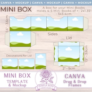 Könnte beinhalten: Vorlage für eine Mini-Box, konzipiert für 4-5 Mini-Bücher. Die Box zeigt eine Landschaft mit blauem Himmel und grünen Hügeln. Maße ca. 5 cm x 3,4 cm. Die Vorlage enthält Dekorationen für den Deckel.