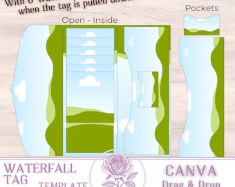 Bewegend waterval-tagfolio CANVA-sjabloon met mock-up: schuifzakken