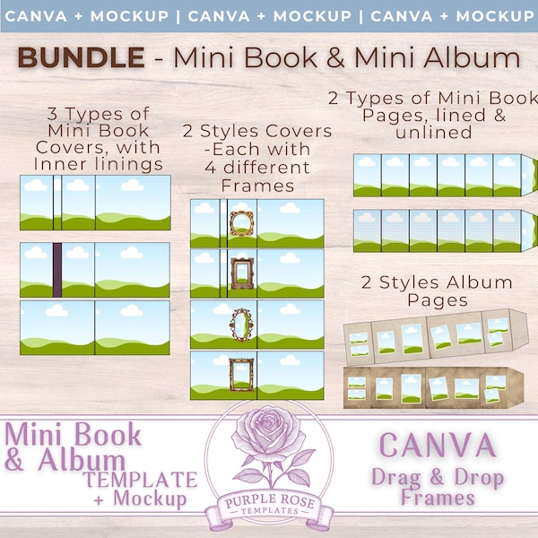 Zestaw szablonów i makiet miniaturowej książki CANVA: miniaturowa książka + album ze zdjęciami w stylu vintage – okładki i strony