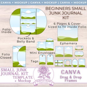 Beginners Junk Journal Kit CANVA Template with MOCKUP Template | Journal fits into Folio | Pockets, Ephemera | Canva Frames Drag and Drop