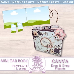 May include: A mini tab book template and mockup featuring a floral cover with the word Reflections in an oval frame. The design includes a flat layout with two landscape panels and two small vertical tabs, all displaying a blue sky and green hills.