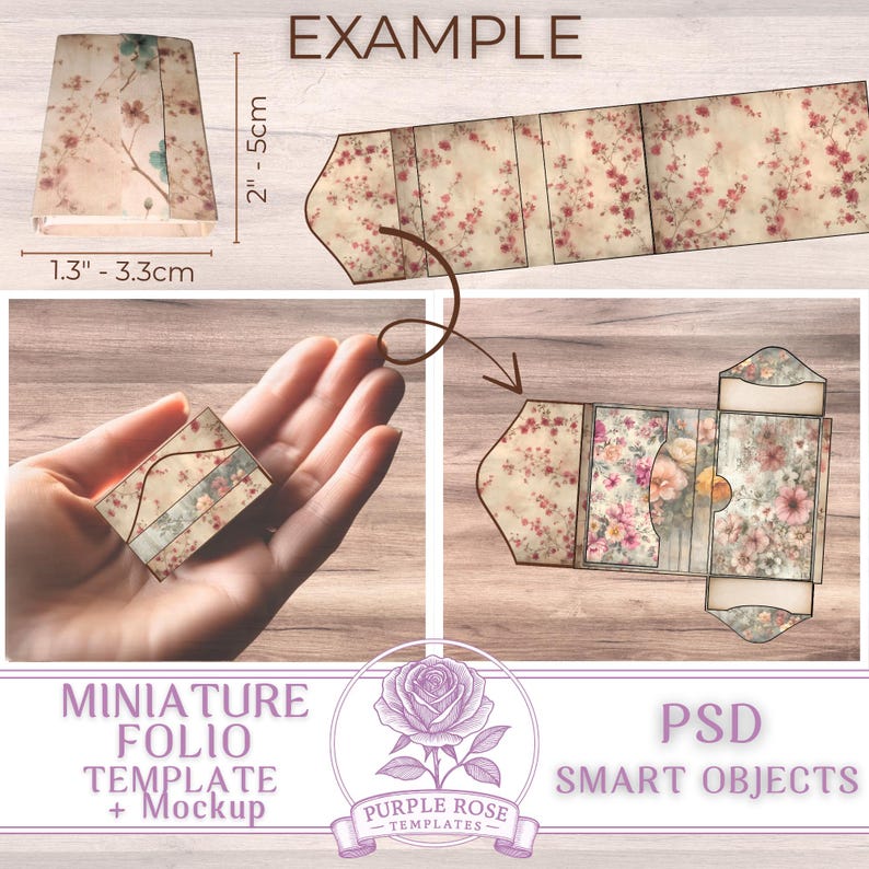Pu&ograve; includere: Un modello di folio in miniatura con un design floreale, largo 3,3 cm e alto 5 cm. L'immagine include il testo "EXAMPLE", "MINIATURE FOLIO TEMPLATE + Mockup" e "PSD SMART OBJECTS".