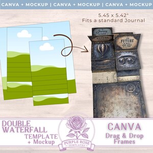 May include: A double waterfall template and mockup for a 5.45 x 5.42 inch journal. The design features a light blue sky with green hills on the left and a dark, metallic, steampunk-inspired layout on the right, including a hot air balloon, goggles, and gears with the text The Journey of a Thousand and The Future is Built One Idea at a Time.