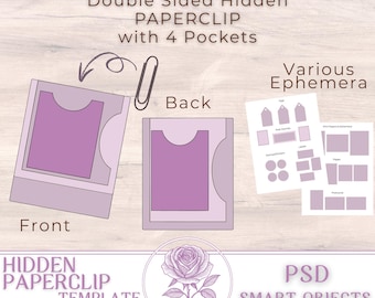 Può includere: Un mockup con una graffetta nascosta a doppia faccia con quattro tasche. Il design include viste anteriori e posteriori, una graffetta e vari elementi effimeri. Il testo recita "Double Sided Hidden PAPERCLIP with 4 Pockets."