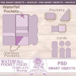 Puede incluir: Una plantilla digital para un folio de bolsillo en cascada con varios diseños de bolsillo y formas de tarjetas. El diseño incluye el texto "Waterfall Pocket Folio Template + Mockup" y "PSD Smart Objects". También es visible el logotipo de Purple Rose Templates.