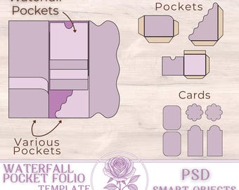 Può includere: Un modello digitale per un folio tascabile a cascata con vari design di tasche e forme di carte. Il design include il testo "Waterfall Pocket Folio Template + Mockup" e "PSD Smart Objects". È visibile anche il logo Purple Rose Templates.