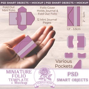 May include: A miniature folio template mockup in shades of purple, held in a hand. The design includes a fold-out mini folio, folio cover, and various pocket designs. The dimensions are approximately 2 inches to 5 cm in height and 1.3 to 3.3 cm in width. The text reads "Miniature Folio Template + Mockup".
