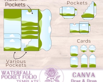 Plantilla y maqueta de Canva para folios con bolsillos en cascada: folios, bolsillos y tarjetas.