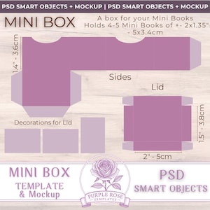 May include: A purple mini box template with labeled parts for sides, lid, and decorations. The box holds 4-5 mini books, with dimensions of approximately 2x1.35 inches. The template includes measurements in inches and centimeters.