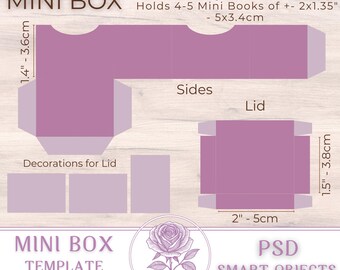 Può includere: Un modello di mini scatola viola con parti etichettate per i lati, il coperchio e le decorazioni. La scatola contiene 4-5 mini libri, con dimensioni di circa 5x3,4 cm. Il modello include misure in cm e pollici.
