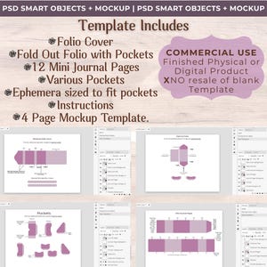 Pu&ograve; includere: Un modello digitale include una copertina del folio, un folio pieghevole con tasche, 12 mini pagine del diario, varie tasche, tasche di dimensioni effimere, istruzioni e un modello di mockup di 4 pagine. &Egrave; consentito l'uso commerciale.