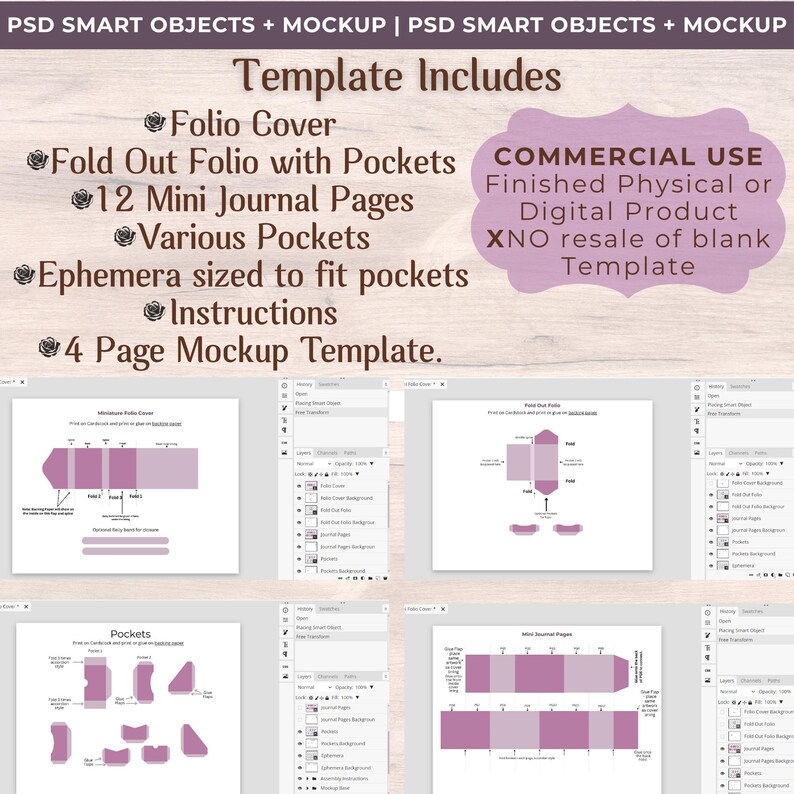 Pu&ograve; includere: Un modello digitale include una copertina del folio, un folio pieghevole con tasche, 12 mini pagine del diario, varie tasche, tasche di dimensioni effimere, istruzioni e un modello di mockup di 4 pagine. &Egrave; consentito l'uso commerciale.