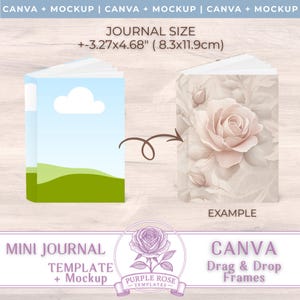 Peut inclure: Maquette d'un modèle de mini journal avec un design de ciel bleu et de champ vert, et un exemple avec un design de rose rose. La taille du journal est d'environ 8,3 x 11,9 cm. L'image comprend également le texte "CANVA Drag & Drop Frames".