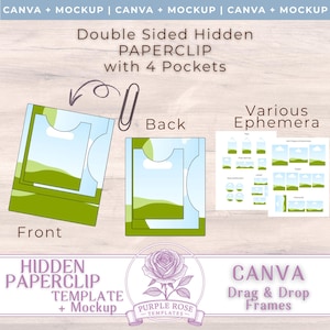 May include: A graphic showing a double-sided hidden paperclip template with four pockets. The design includes a paperclip, the words "Front" and "Back", and the text "Double Sided Hidden PAPERCLIP with 4 Pockets". The image also includes the text "CANVA Drag & Drop Frames".