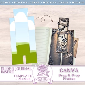 Può includere: Un modello digitale di inserto per diario scorrevole con una grafica di cielo azzurro e paesaggio verde a sinistra, e un segnalibro finito a tema steampunk con ingranaggi e il testo BE BRAVE, STAY FOCUSED e BE BADASS all'interno di un diario.