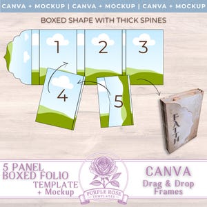 May include: A mockup of a 5-panel boxed folio template with thick spines. The template features a landscape design with clouds and numbered panels. A separate book with the word "FAITH" is also shown. The image includes the text "CANVA Drag & Drop Frames".