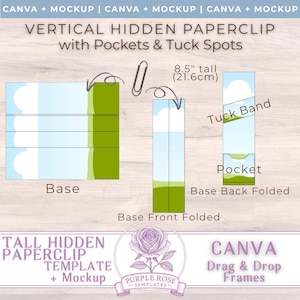 May include: Diagram of a vertical hidden paperclip template with pockets and tuck spots. The template is 8.5 inches tall. The diagram shows the base, base front folded, and base back folded. Text includes "CANVA" and "Drag & Drop Frames."