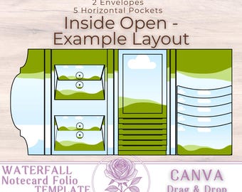 May include: A digital template for a waterfall notecard folio with a mockup layout. The design includes 8 large specimen slides, 2 envelopes, and 5 horizontal pockets. The image features the text "Inside Open - Example Layout" and "CANVA Drag & Drop Frames."