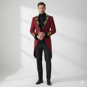 Regal Red Frak: Męska aksamitna i haftowana złota marynarka ceremonialna