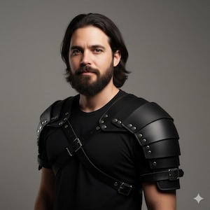 クロスストラップ付き黒革の肩当て｜中世LARPアーマー