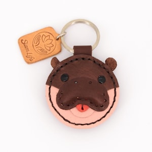 Hippo leather key ring, handmade, cute, gift for adults & children, backpack or bag charm, 6×6,5×2 cm - Siam Life