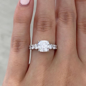 Cushion Cut Moissanite Wedding Ring, Half Eternity Pave Band Ring, Cushion Engagement Ring, Dainty Wedding Ring, Anniversary Gift for Women