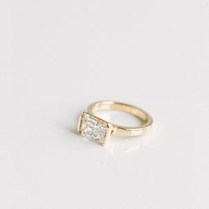East West Moissanite Engagement Ring, Solitaire Radiant Diamond Ring, 14K Yellow Gold Wedding Ring, Anniversary Gift, Handmade Jewelry