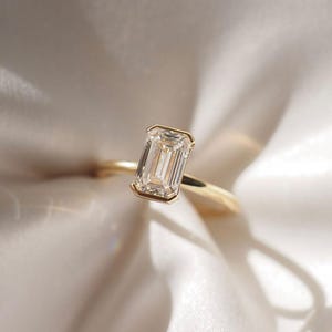 Handmade Emerald Moissanite Engagement Ring: 14K Yellow Gold Solitaire