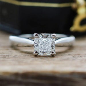 Cushion Cut Moissanite Engagement Ring: 14K White Gold Solitaire