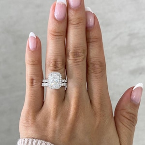 Radiant Cut Moissanite Ring Set: Halo Bridal Ring, Full Eternity Band