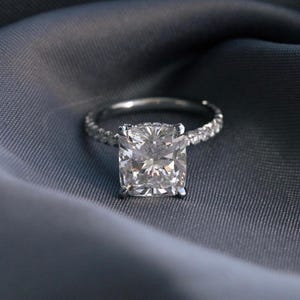 Cushion Moissanite Engagement Ring: 14K White Gold Hidden Halo