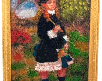 After Renoir's "Girl with Parasol" Oil painting 2 3/16" x 3 3/16" Gold Frame