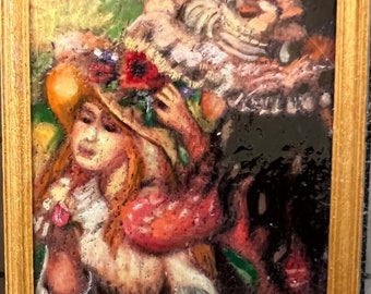 After Renoir's Girls Putting Flowers on their Hats. Oil Painting. 2 1/2"w x 3"h.