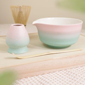 Hand-painted Green and Pink Matcha Bowl set with Gift box, Handcrafted Matcha Bowl Set 450ml, Matcha Gift Set,Gift for matcha lover