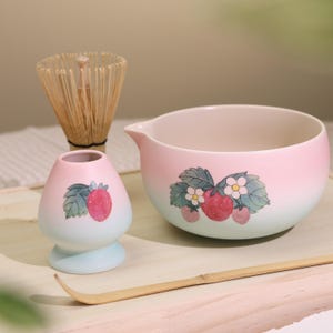 Hand-painted Strawberry Matcha Bowl set with Gift box, Handcrafted Matcha Bowl Set 450ml, Matcha Gift Set Gift Ideas,Gift for matcha lover