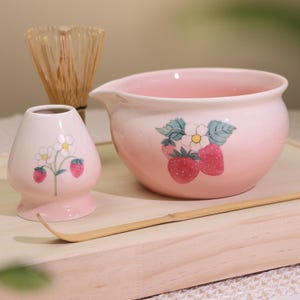 Hand-painted Strawberry Matcha Bowl set with Gift box, Handcrafted Matcha Bowl Set 450ml, Matcha Gift Set Gift Ideas,Gift for matcha lover