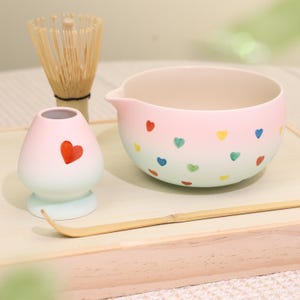 Hand-painted Colorful Heart Matcha Bowl set with Gift box,Handcrafted Matcha Bowl Set 450ml,Matcha Gift Set Gift Ideas,Gift for matcha lover