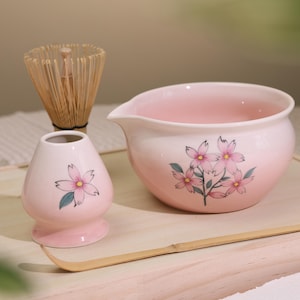 Hand-painted Sakura Matcha Bowl set with Gift box, Handcrafted Matcha Bowl Set 450ml, Matcha Gift Set Gift Ideas,Gift for matcha lover