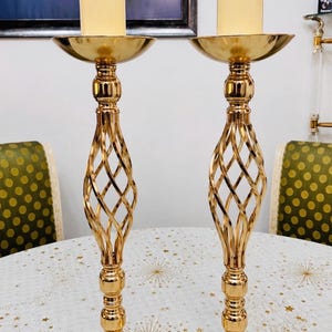 Large Tall Vintage Candlestick Holders Pair, 70 cm High, Gold Tone Twisted Openwork Metal Candle Holders, Set of 2