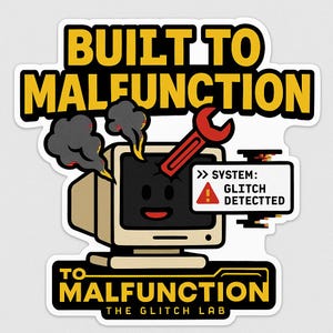 May include: A sticker with a cartoon computer that has smoke coming out of it and a red wrench. The text reads "BUILT TO MALFUNCTION" and "TO MALFUNCTION THE GLITCH LAB". A small screen says "SYSTEM: GLITCH DETECTED".