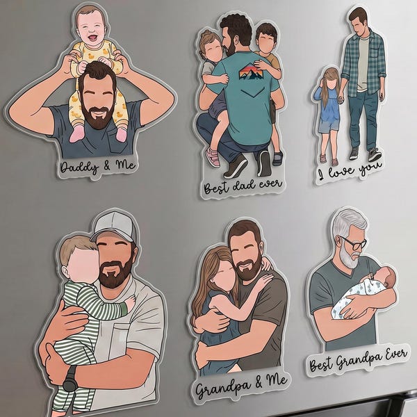 Custom Photo Magnet for Dad or Grandpa, Personalized Faceless Portrait, Grandparents Day Gift, Dad and Child Family Keepsake