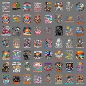 Könnte beinhalten: Eine Sammlung grafischer Designs mit Skeletten in verschiedenen Sommer-, Strand- und Halloween-Umgebungen. Die Illustrationen enthalten Texte wie All Booked For Summer, Dirty Heads, Stay Positive, Never Better und Time To Get Ship Faced.