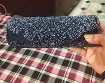 Navy Blau Perlen Samt Clutch | Handgemachte Abendtasche