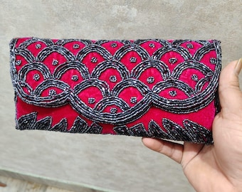 手刺繍のビーズベルベットクラッチ：インドのパーティーバッグ