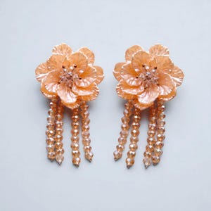 Peach Blossom Crystal Dangle Earrings | Floral Statement Earrings | Beaded Petal Drop Earrings | Wedding Guest Jewelry | Gift for Her